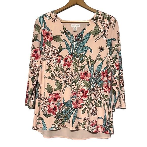 Floral Blouse Woman’s LP Petite Pink Tropical V-Neck 3/4 Sleeve Charter Club - Picture 1 of 10